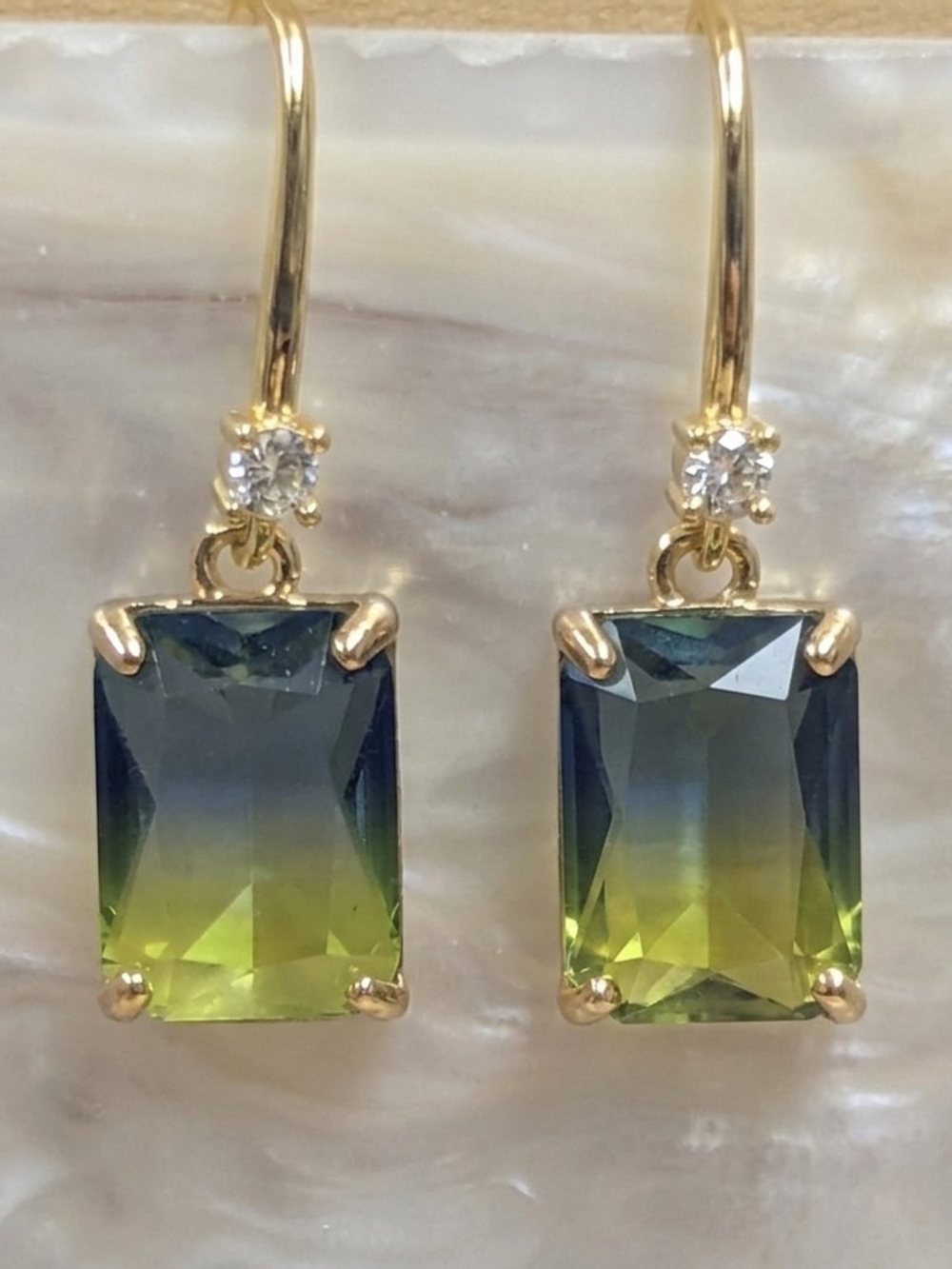 Blue Green Ombré Gold Plated Earrings Gradient Facet Crystal CZ Accent